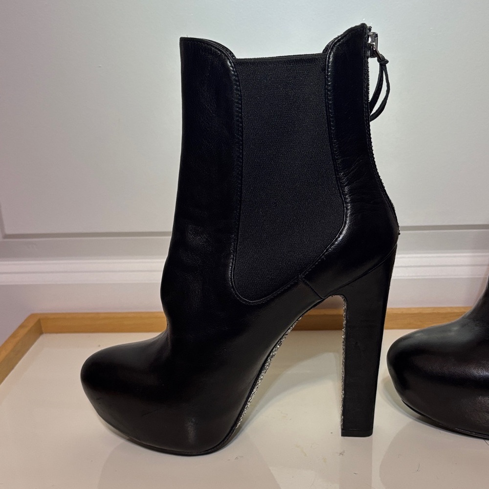 Miu Miu Black Leather Platform Ankle Boots with Glitter Block Heel size 36.5 - Picture 4 of 15